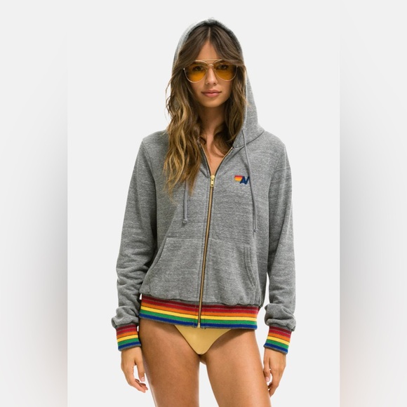 Aviator Nation Tops - AVIATOR NATION Rainbow Rib Charcoal Gray full zip hoodie rainbow cuffs MEDIUM
